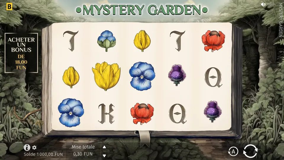 Grille de 5 rouleaux sur 3 rangées de Mystery Garden posée sur un livre ouvert, avec des fleurs (coquelicots, tulipes jaunes, pensée bleue, chardons) et des lettres J, Q et K ; à gauche le bouton Acheter un bonus de 18,00 FUN