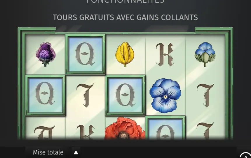 Page Paiements de Mystery Garden titrée Tours gratuits avec gains collants : une grille où plusieurs symboles Q sont encadrés en bleu
