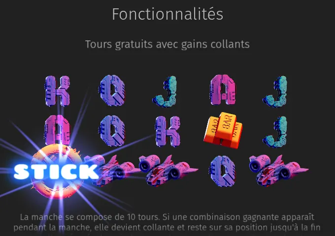 Illustration des tours gratuits dans l’aide d’OOF The Goldmine Planet : sous le titre Tours gratuits avec gains collants, une grille de lettres, de lingots BAR et de vaisseaux roses, avec le Wild et le mot STICK sur la rangée du bas, au-dessus du début du texte de la manche de 10 tours