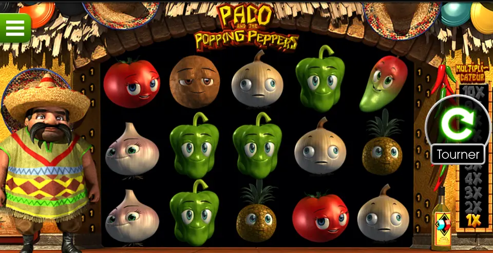 La grille de 5 rouleaux et 3 rangées de Paco and the Popping Peppers : légumes et fruits à visage (poivrons, tomates, piments, ananas, bulbes blancs), un personnage au chapeau à large bord à gauche et un compteur de multiplicateur à droite