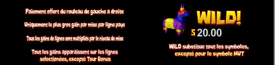 Extrait de l’aide de Paco and the Popping Peppers : règles de paiement, WILD en figurine multicolore avec 20.00 pour 5, et le texte des éclatements