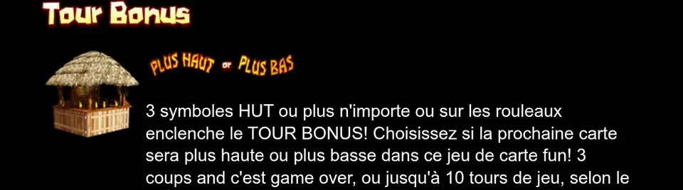 Rubrique Tour Bonus de l’aide de Paco and the Popping Peppers : une cabane au toit de paille, l’intitulé « Plus haut or plus bas » et le début du texte du bonus
