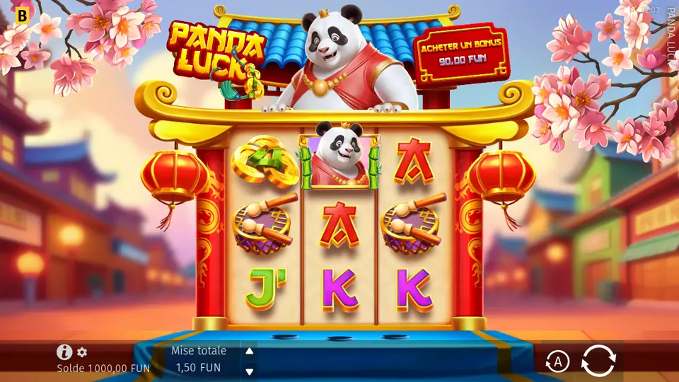 Grille de 3 rouleaux sur 3 rangées de Panda Luck sous un toit de tuiles bleues, avec un panda couronné en tenue rouge au-dessus des rouleaux ; sur la grille, un symbole panda entre deux bambous, un symbole de deux pièces dorées, deux tambours, deux A rouges, un J vert et deux K violets ; à droite le bouton ACHETER UN BONUS, en bas une mise totale de 1,50 FUN