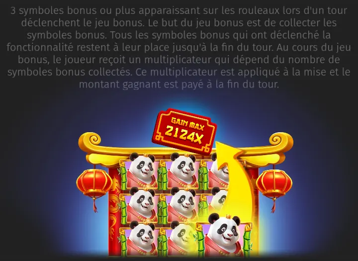 Illustration du jeu bonus dans l’aide de Panda Luck : le texte des règles du jeu bonus au-dessus d’une grille remplie de pandas entre des bambous, sous un toit doré entouré de deux lanternes rouges, avec une flèche jaune et un panneau rouge « GAIN MAX 2124X »