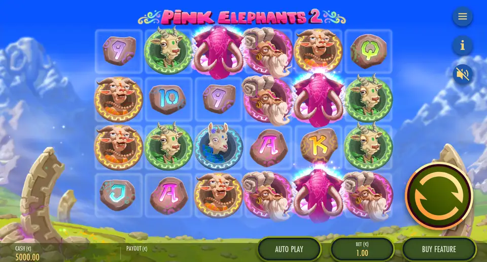 Grille de 6 rouleaux sur 4 rangées de Pink Elephants 2 sous un ciel de montagne : éléphants roses aux défenses, chèvres sur médaillons orange, verts, bleu et violets, et pierres gravées A, K, Q, J, 10 et 9 ; en bas, BET 1.00 et le bouton BUY FEATURE