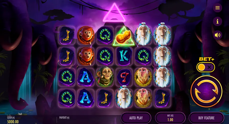 Grille de 6 rouleaux sur 4 rangées de Pink Elephants Trinity dans une jungle violette : singes, singes à barbe blanche, pierres gravées A, K, Q, J et 9 et une cacahuète dans un triangle vert ; à droite, le bouton BET+ et la mise BET 1.00