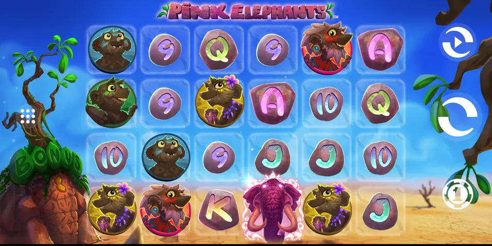 Grille de 6 rouleaux de Pink Elephants sur fond de savane : pierres gravées A, K, Q, J, 10 et 9, créatures poilues sur fonds bleu, vert, jaune et rouge, et un éléphant rose aux défenses ; à gauche, une butte marquée BONUS