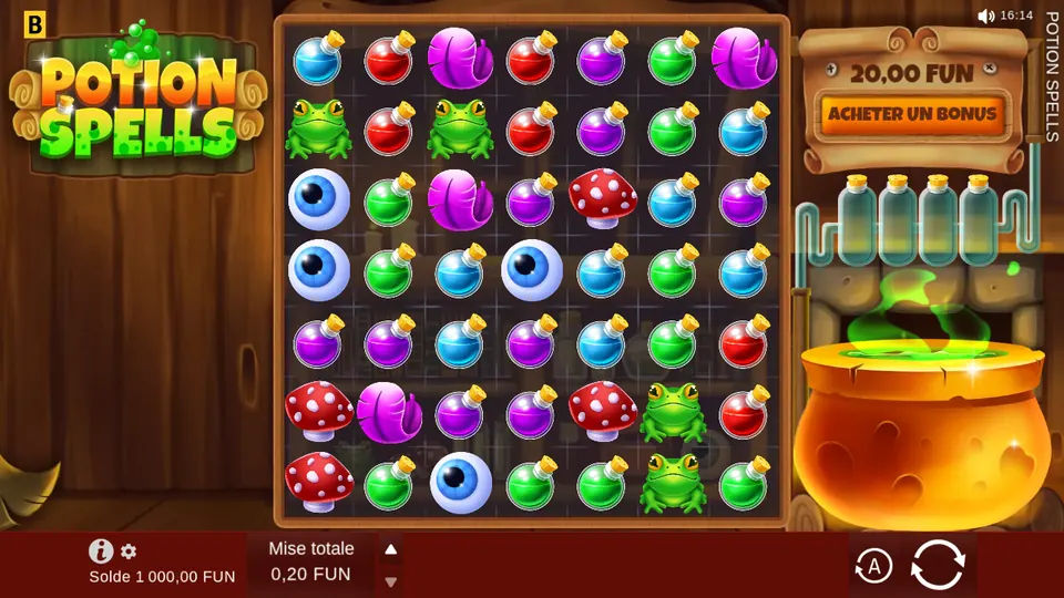 Grille de 7 colonnes sur 7 rangées de Potion Spells dans un cadre en bois : fioles bleues, rouges, violettes et vertes, grenouilles vertes, champignons rouges à pois blancs, formes roses enroulées et yeux bleus ; à droite un panneau ACHETER UN BONUS à 20,00 FUN, quatre flacons vides reliés par un tuyau et un chaudron orange fumant, en bas une mise totale de 0,20 FUN
