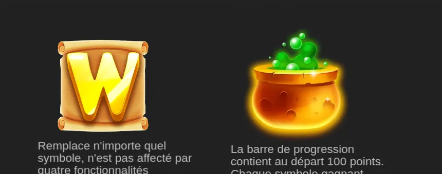Haut de la page Paiements de Potion Spells : le Wild, un W doré sur un parchemin, et un chaudron orange débordant de liquide vert, chacun au-dessus du début de son texte