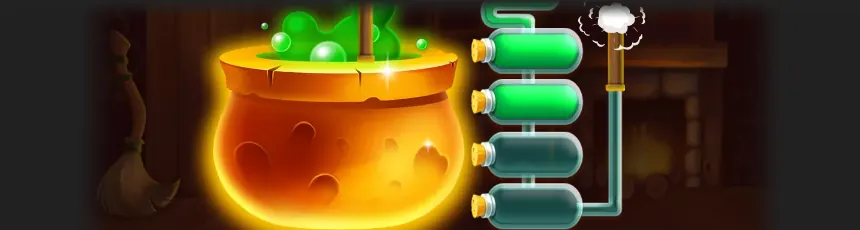 Illustration de la barre de progression dans l’aide de Potion Spells : un chaudron orange débordant de liquide vert, relié par un tuyau à quatre flacons, deux remplis de vert et deux vides, avec un petit nuage blanc au bout du tuyau