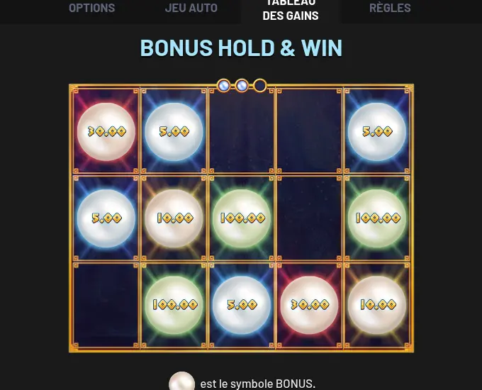 Illustration du BONUS HOLD & WIN dans l’aide de Rise of Triton : sphères nacrées portant 5.00, 10.00, 30.00 et 100.00 sur une grille à cadre doré, quelques cases vides
