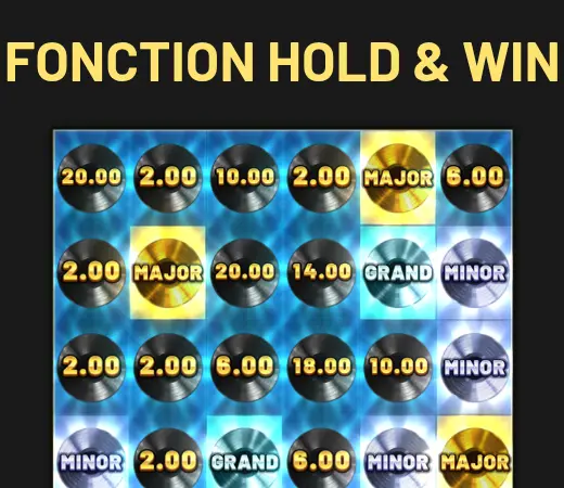Illustration de la FONCTION HOLD & WIN dans l’aide de Rockstar World Tour : disques noirs portant des valeurs comme 2.00, 6.00, 10.00 et 20.00, et disques MINOR, MAJOR et GRAND