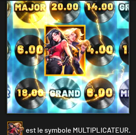 Illustration du BONUS MULTIPLICATEUR dans l’aide de Rockstar World Tour : deux musiciennes sur un symbole encadré d’or, entourées de disques à valeurs et d’éclairs, au-dessus de la mention « est le symbole MULTIPLICATEUR »