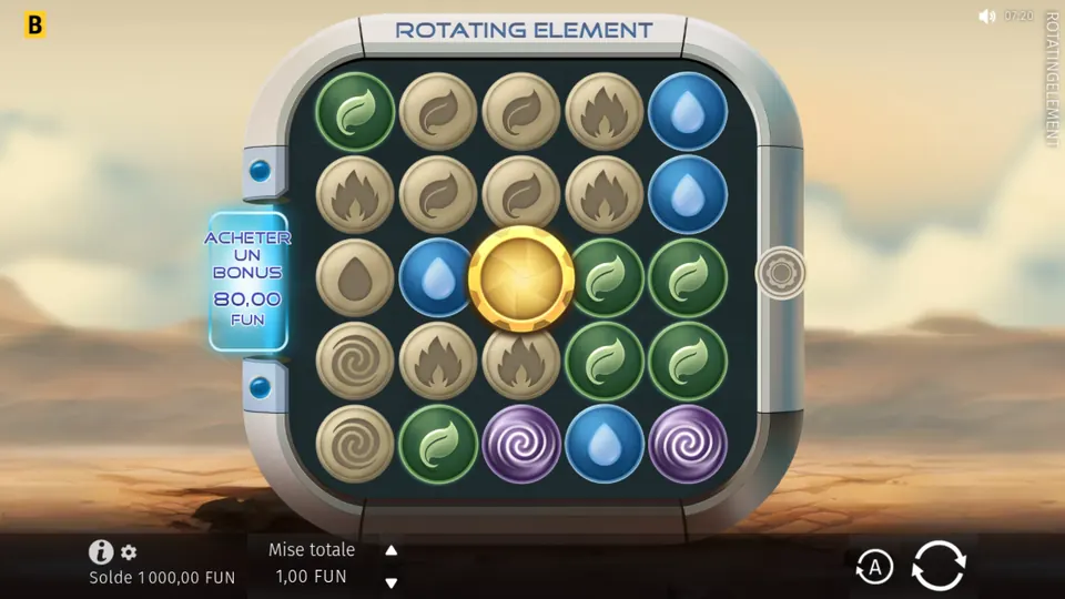 Grille de 5 rouleaux sur 5 rangées de Rotating Element dans un cadre métallique arrondi, sur fond de désert : des jetons ronds à feuille verte, goutte bleue, spirale violette et des jetons beiges à flamme, feuille, goutte et spirale, avec au centre un grand jeton doré ; à gauche le bouton ACHETER UN BONUS 80,00 FUN, en bas une mise totale de 1,00 FUN