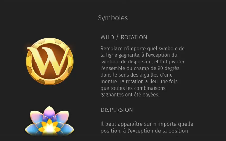 Page Paiements de l’aide de Rotating Element : sous Symboles, le jeton doré marqué W avec la règle WILD / ROTATION, puis le début de la rubrique DISPERSION avec une fleur aux pétales multicolores