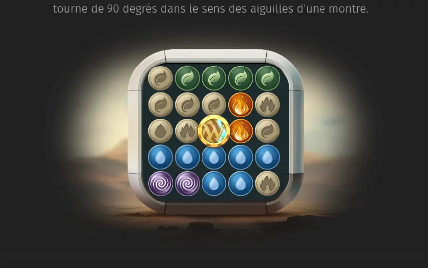 Page de l’aide de Rotating Element sur la fonctionnalité de rotation : la fin du texte, puis une grille avec le jeton doré W au centre, entouré de jetons à feuille, flamme, goutte et spirale