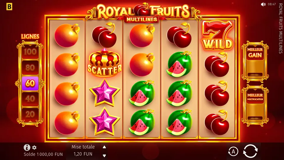 Grille de 5 rouleaux sur 4 rangées de Royal Fruits MultiLines : oranges, cerises, pastèques, deux étoiles roses, une couronne marquée SCATTER et un 7 rouge marqué WILD ; à gauche la colonne LIGNES 100, 80, 60, 40 et 20 avec 60 sélectionné, à droite les cadres MEILLEUR GAIN et MEILLEUR MULTIPLICATEUR, en bas une mise totale de 1,20 FUN