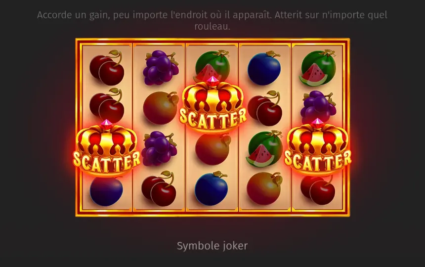 Page de l’aide de Royal Fruits MultiLines sur le symbole de dispersion : une grille avec trois couronnes SCATTER parmi des cerises, du raisin, des pastèques, des prunes bleues et des oranges, puis le titre Symbole joker
