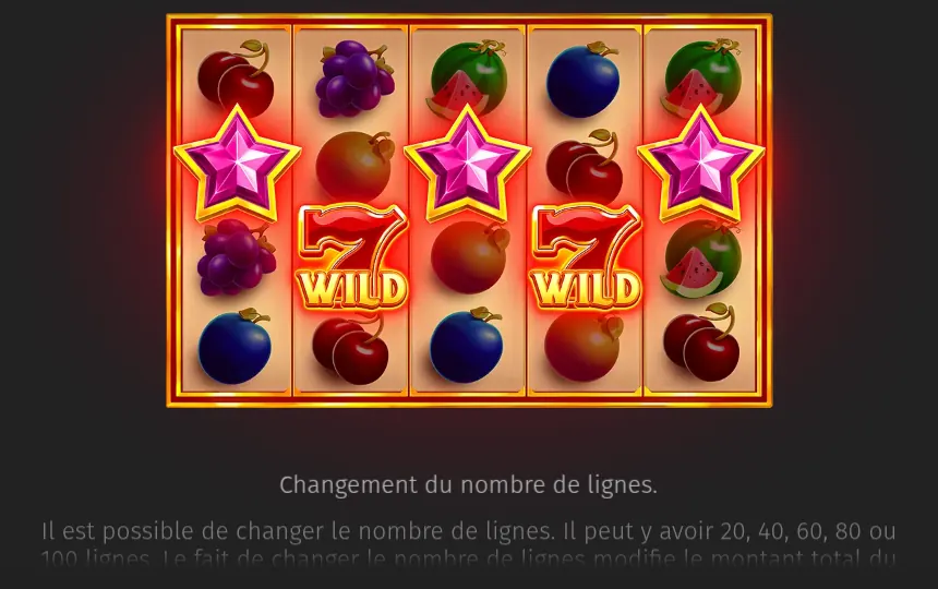 Page de l’aide de Royal Fruits MultiLines sur le symbole joker : une grille avec trois étoiles roses sur la deuxième rangée et deux 7 WILD juste en dessous, puis le titre Changement du nombre de lignes