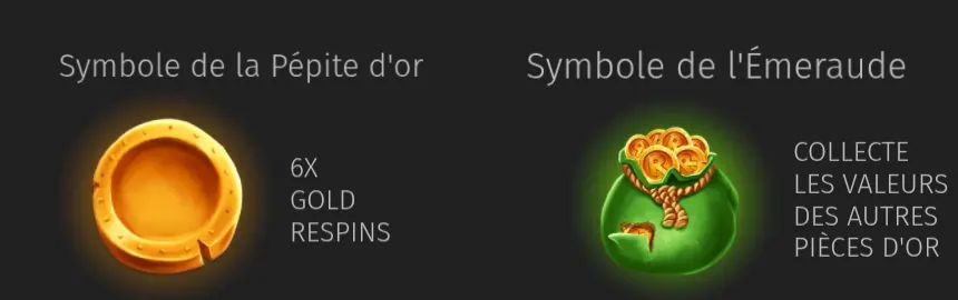 Page Paiements de Royal High-Road : le Symbole de la Pépite d’or, une pièce dorée avec la mention 6X GOLD RESPINS, et le Symbole de l’Émeraude, un sac vert rempli de pièces avec la mention COLLECTE LES VALEURS DES AUTRES PIÈCES D’OR