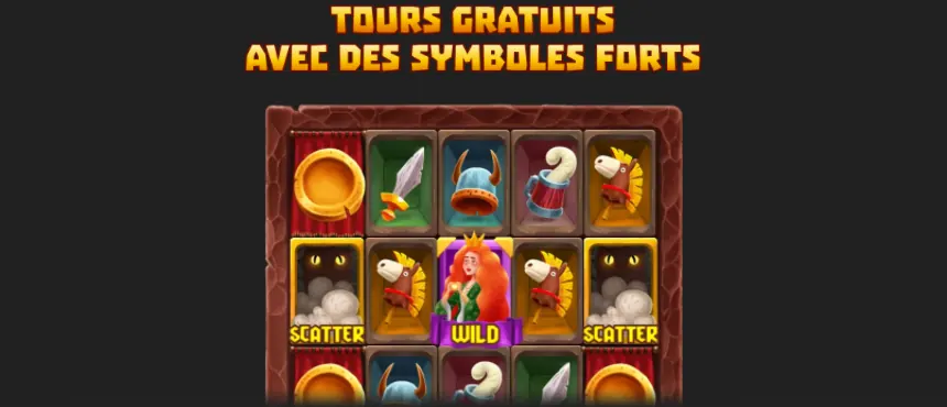 Illustration TOURS GRATUITS AVEC DES SYMBOLES FORTS dans l’aide de Royal High-Road : une grille avec deux Scatters, un Wild au centre, des chevaux à bâton, des épées, des casques à cornes, des chopes et des pièces dorées