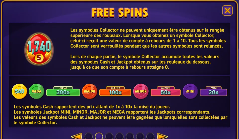 Page FREE SPINS de l’aide de Sizzling Eggs Extremely Light : un œuf rouge marqué 1,740 avec un 5 en dessous, puis une pièce jaune 540 et des pièces MEGA 200x, MAJOR 100x, MINOR 50x et MINI 20x, avec le texte sur le Collector et les symboles Cash et Jackpot