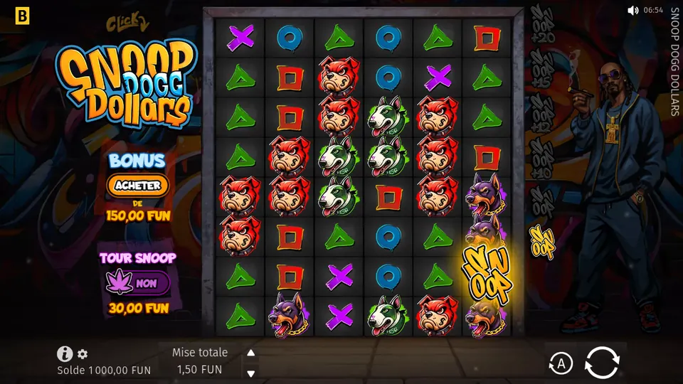 Grille de 6 colonnes sur 8 rangées de Snoop Dogg Dollars sur un mur de graffitis : des chiens dessinés (chiens violets à chaîne dorée, chiens rouges, chiens blancs à collier vert), des croix violettes, des carrés rouges, des triangles verts, des cercles bleus et un symbole jaune marqué SNOOP ; à gauche les boutons BONUS ACHETER de 150,00 FUN et TOUR SNOOP NON à 30,00 FUN, en bas une mise totale de 1,50 FUN