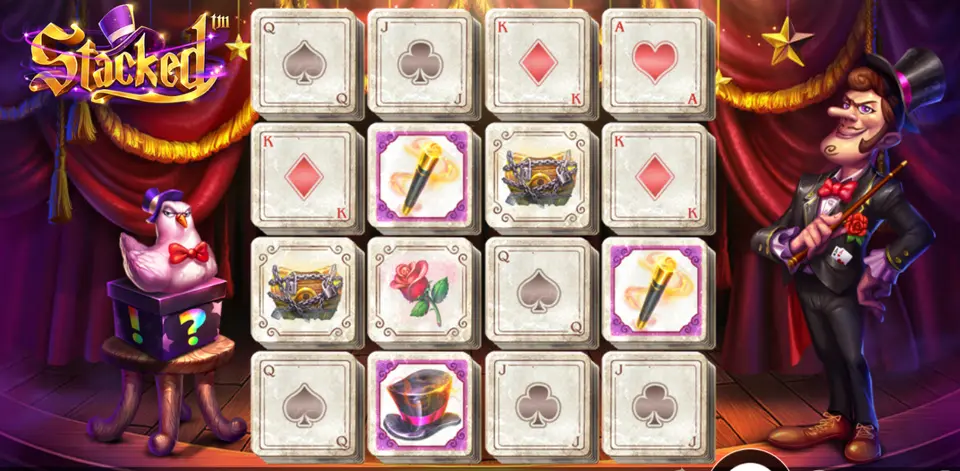 Grille de Stacked à 4 rouleaux et 4 rangées en cartes à jouer : cartes A, K, Q, J, coffres enchaînés, baguettes, une rose rouge et un chapeau haut-de-forme, avec un magicien en habit noir à droite et une boîte à points d’interrogation surmontée d’un oiseau blanc à gauche