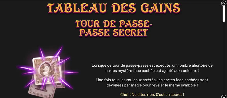 Page TOUR DE PASSE-PASSE SECRET de l’aide : une carte à jouer entourée d’éclairs violets à côté du texte sur les cartes mystère face cachée