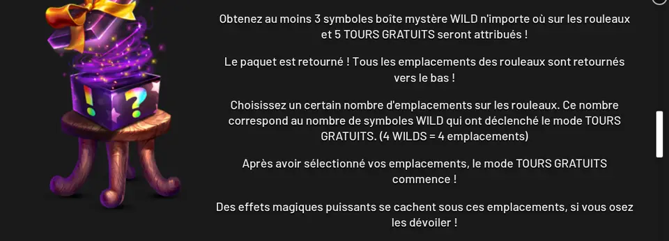 Page WILDS MYSTÈRE de l’aide : une boîte violette à points d’interrogation, au couvercle doré soulevé dans des étincelles, posée sur un tabouret, à côté du texte sur le choix des emplacements