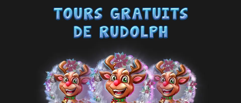 Titre TOURS GRATUITS DE RUDOLPH de l’aide au-dessus de trois têtes de renne souriantes au nez rouge, chacune dans une couronne