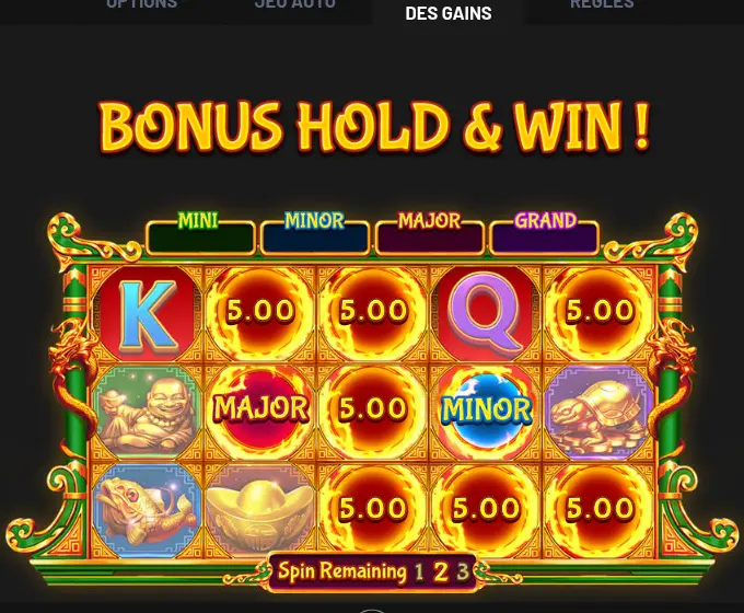 Illustration du BONUS HOLD & WIN dans l’aide de Super Golden Dragon Inferno : boules de feu marquées 5.00, une boule MAJOR rouge et une boule MINOR bleue parmi des symboles grisés, avec le compteur Spin Remaining 1 2 3
