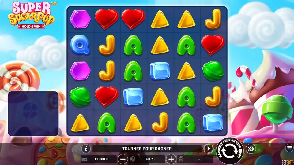 Grille de 6 colonnes sur 5 rangées de Super Sugar Pop dans un décor de sucreries : bonbons en cœur rouges, triangles jaunes, hexagones violets, carrés bleus, bonbons verts ronds et lettres A, J et Q ; une mise de 0.75 en bas