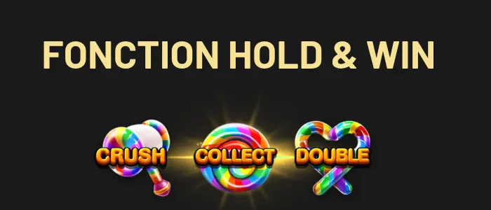 Écran d’aide FONCTION HOLD & WIN de Super Sugar Pop : trois sucreries multicolores marquées CRUSH, COLLECT et DOUBLE