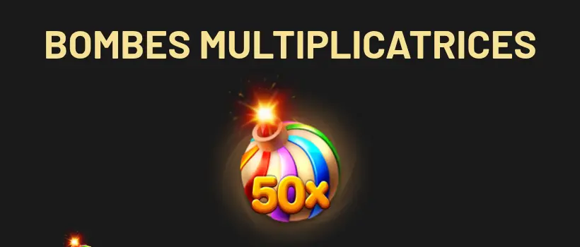 Écran d’aide BOMBES MULTIPLICATRICES de Super Sugar Pop : une bombe ronde à rayures multicolores, mèche allumée, marquée 50x