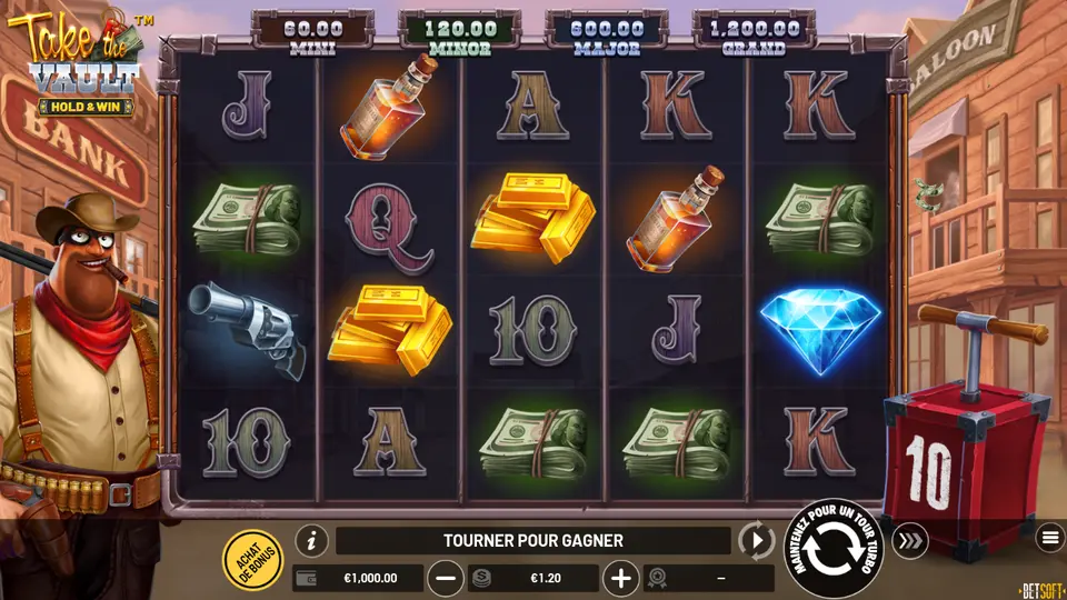 Grille de 5 rouleaux sur 4 rangées de Take The Vault dans une rue de western : liasses de billets, lingots d’or, bouteilles, revolver, diamant bleu et lettres ; à gauche un bandit masqué, à droite un détonateur affichant 10 et, au-dessus, les prix 60.00, 120.00, 600.00 et 1,200.00