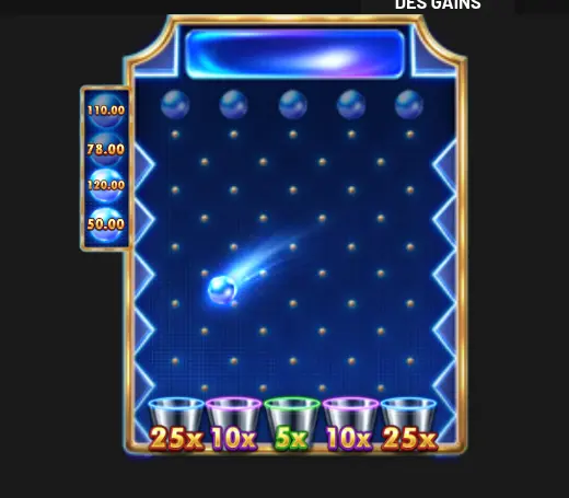 Écran d’aide THE MONEY BOUNCE de The Game Show : un plateau bleu à picots où descend une boule, quatre boules de valeurs 110.00, 78.00, 120.00 et 50.00 à gauche, et des bacs 25x, 10x, 5x, 10x et 25x en bas