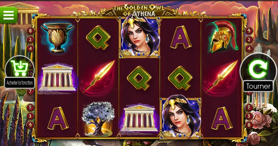 La grille 5x3 de The Golden Owl of Athena : une femme brune au diadème doré, des temples à colonnes, une coupe noire et dorée, un casque doré à crête rouge, des lames dorées, un arbre au feuillage argenté et les lettres A et Q