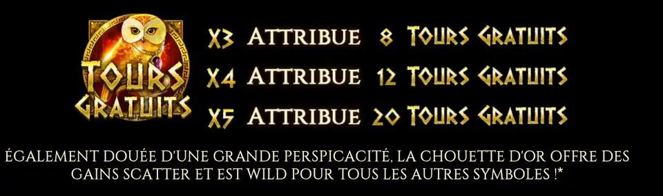 Page de l’aide avec un symbole de chouette dorée marqué TOURS GRATUITS et les nombres de tours gratuits pour 3, 4 et 5 symboles