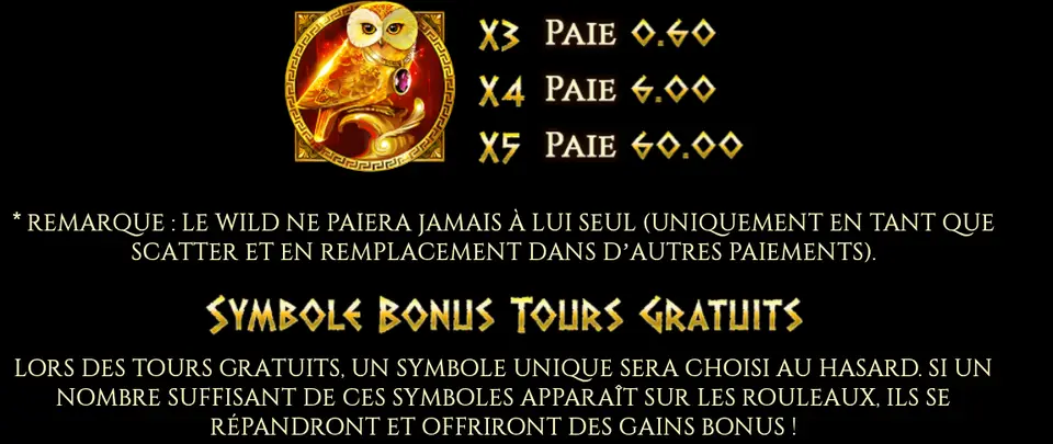 Page de l’aide : la chouette dorée avec ses gains pour 3, 4 et 5 symboles, la remarque sur le WILD et le texte SYMBOLE BONUS TOURS GRATUITS