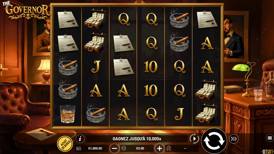 Grille de 6 rouleaux sur 5 rangées de THE Governor dans un bureau aux fauteuils de cuir : documents au sceau, mallettes de billets, cigares dans des cendriers, un verre à liquide ambré et les lettres A, Q, J et 10 ; en bas, GAGNEZ JUSQU’À 10,000x et une mise de 2.00