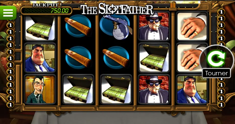 La grille de 5 rouleaux et 3 rangées de The Slotfather JP : mallettes de billets, cigares, mitraillette, mains baguées et portraits d’hommes en costume, sous un compteur JACKPOT !