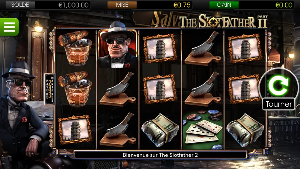 La grille de 5 rouleaux et 3 rangées de The SlotFather Part II : un homme au chapeau blanc et aux lunettes noires, un verre avec un cigare, des tableaux encadrés d’une tour, des couperets sur une planche, des liasses de billets, des cartes et des jetons