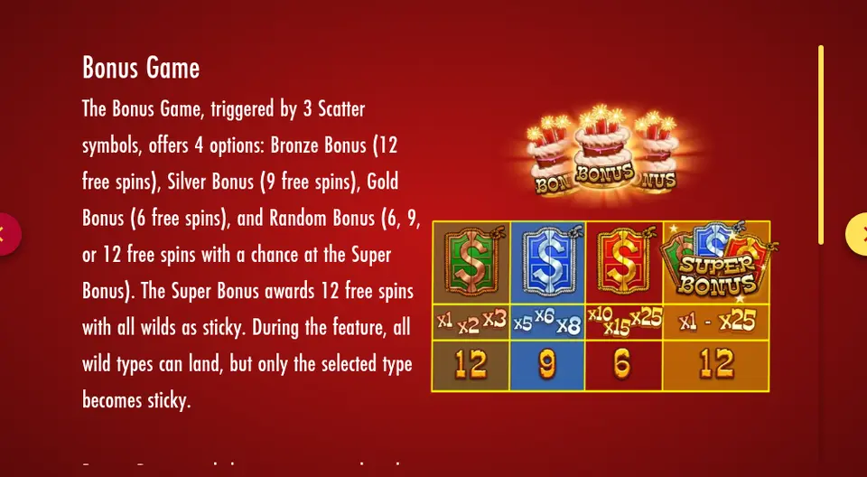 Page Bonus Game de l’aide de The Wildos 2 : texte en anglais, trois gâteaux marqués BONUS et un tableau des choix vert, bleu, rouge et SUPER BONUS avec les multiplicateurs x1 x2 x3, x5 x6 x8, x10 x15 x25, x1 - x25 et 12, 9, 6 et 12 free spins