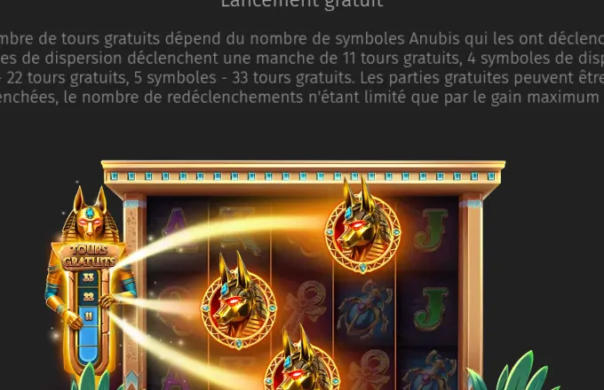 Page de l’aide de Treasure of Anubis sur le lancement gratuit : trois médaillons d’Anubis sur les rouleaux reliés par des traits de lumière à la statue d’Anubis et à son panneau TOURS GRATUITS