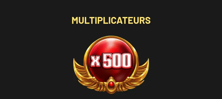 Écran d’aide MULTIPLICATEURS de Treasures of Cleopatra : une sphère rouge marquée x500 dans une monture dorée à ailes
