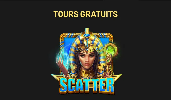 Écran d’aide TOURS GRATUITS de Treasures of Cleopatra : le symbole SCATTER, une femme à la coiffe dorée et bleue tenant un sceptre