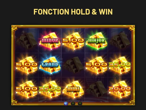 Illustration de la FONCTION HOLD & WIN dans l’aide de Tycoons: Billionaire Bucks : lingots dorés portant 5.00, 20.00 et 35.00, et lingots MINI, MINOR, MAJOR et GRAND, entre des lingots sombres