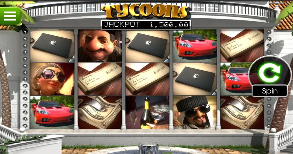 La grille de 5 rouleaux et 3 rangées de Tycoons : ordinateurs portables noirs, chèques, voitures rouges, liasses de billets, une bouteille et des portraits de personnages, sous un compteur JACKPOT
