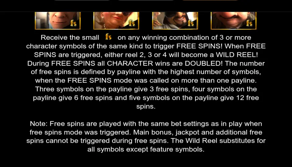 Page de l’aide en anglais sur les FREE SPINS, avec quatre portraits de personnages marqués d’un petit logo fs et le texte de la fonction